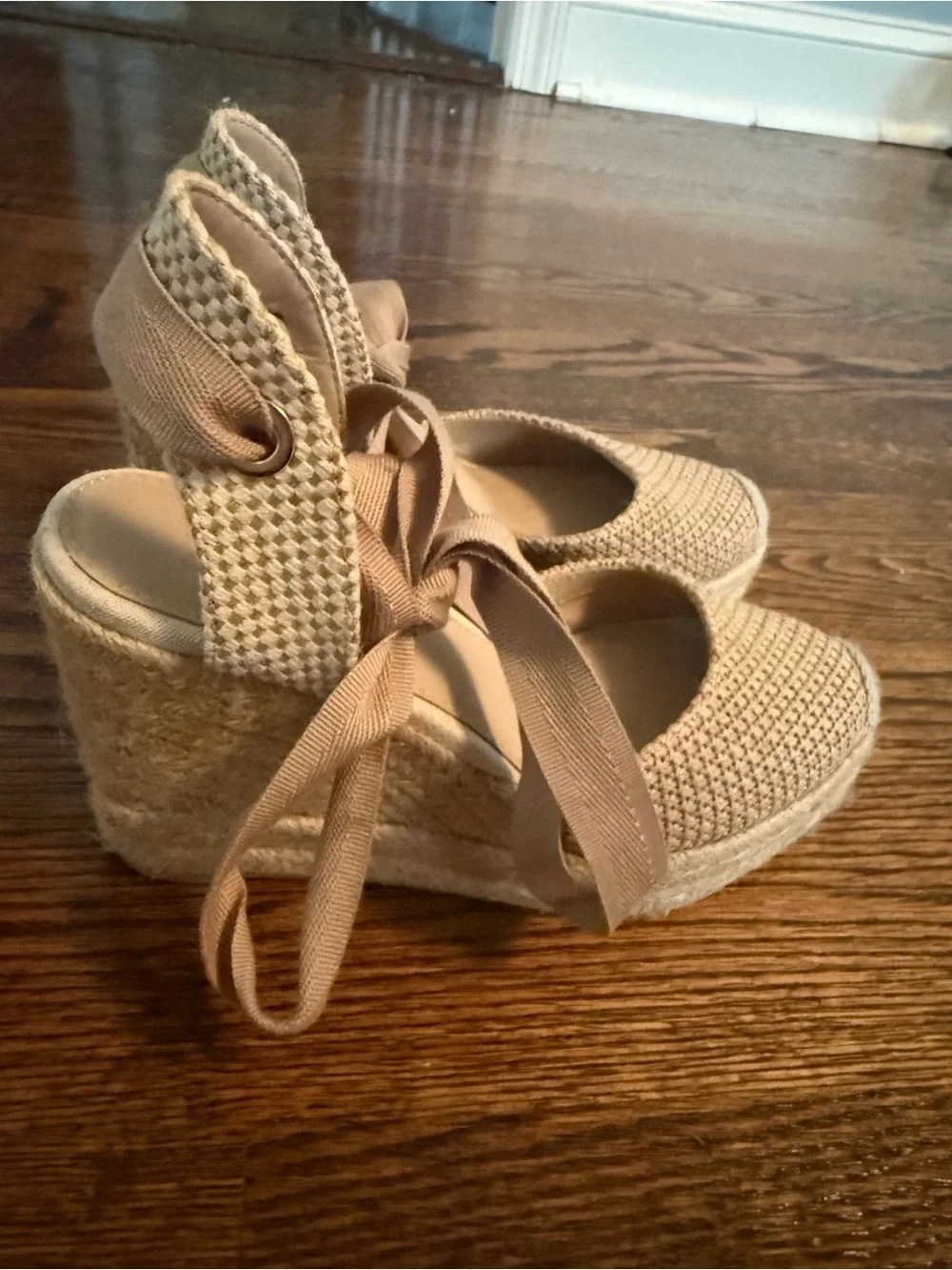 Neutral Lace-Up Espadrille Wedge Sandals - Women's Beige